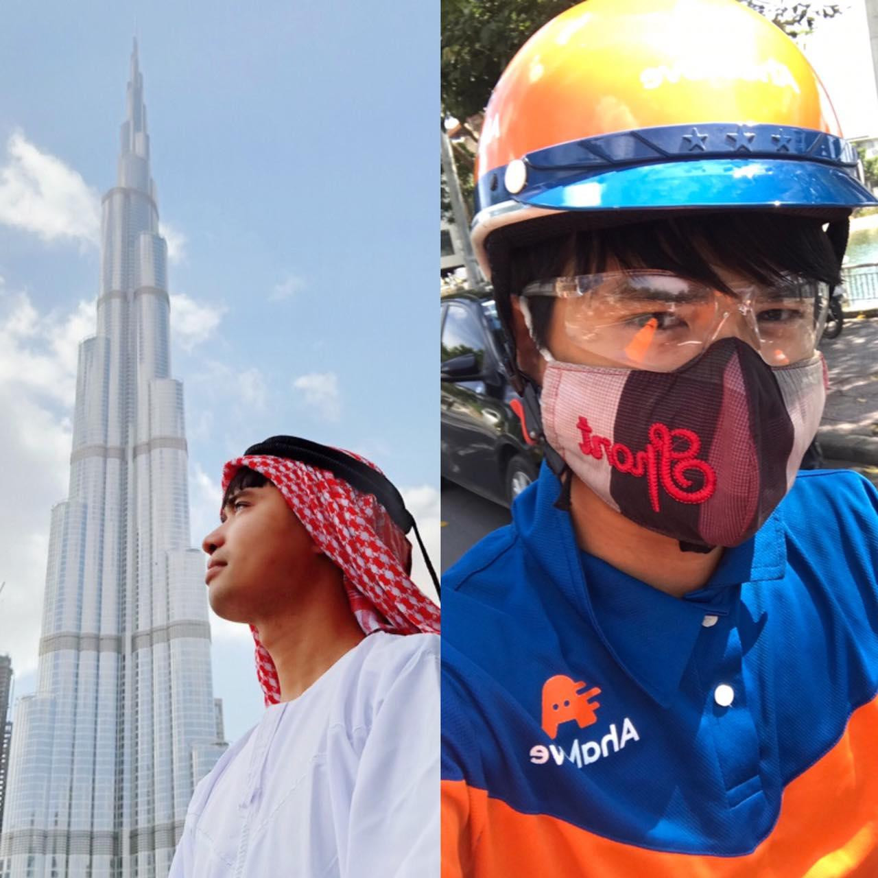 Anh Long (bên phải) đi giao đồ ăn cho khách khi mở quán ăn vặt khác xa hình ảnh của anh trước đó khi dẫn khách tới Dubai.