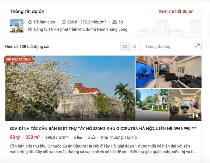 Một biệt thự tại Khu đô thị Ciputra được rao bán trên mạng có giá trên 370 triệu đồng/m2 (Ảnh chụp màn hình).