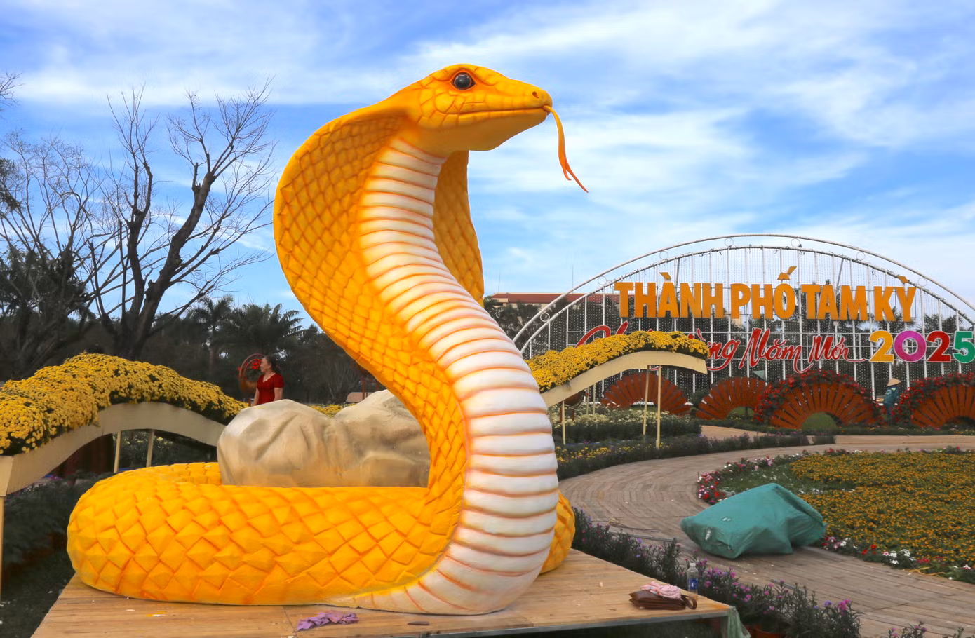 Cặp linh vật rắn ở Quảng Nam xuất hiện với màu vàng rực rỡ, được đặt tại trung tâm Quảng trường 24/3, thành phố Tam Kỳ, Quảng Nam. Ảnh: Hoài Văn