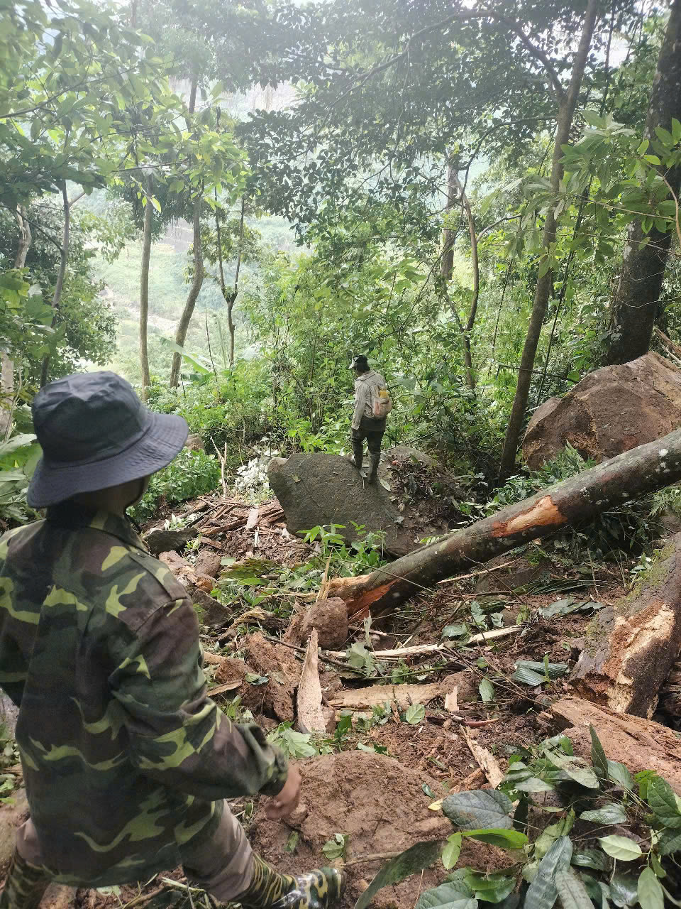 Nhiều tảng đá lớn rơi xuống làng Tu Hon, xã Trà Don, huyện Nam Trà My, Quảng Nam. Ảnh CQCC Nhiều tảng đá lớn rơi xuống làng Tu Hon, xã Trà Don, huyện Nam Trà My, Quảng Nam. Ảnh CQCC