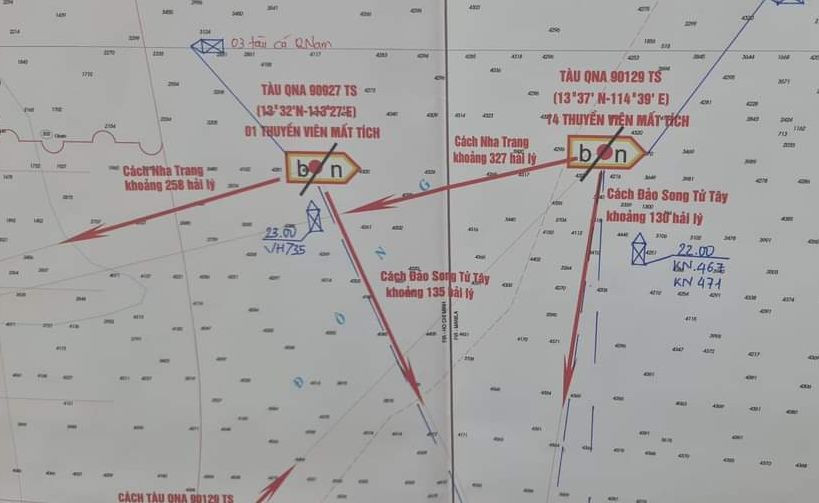 Sơ đồ vị trí 2 tàu bị chìm trên biển.