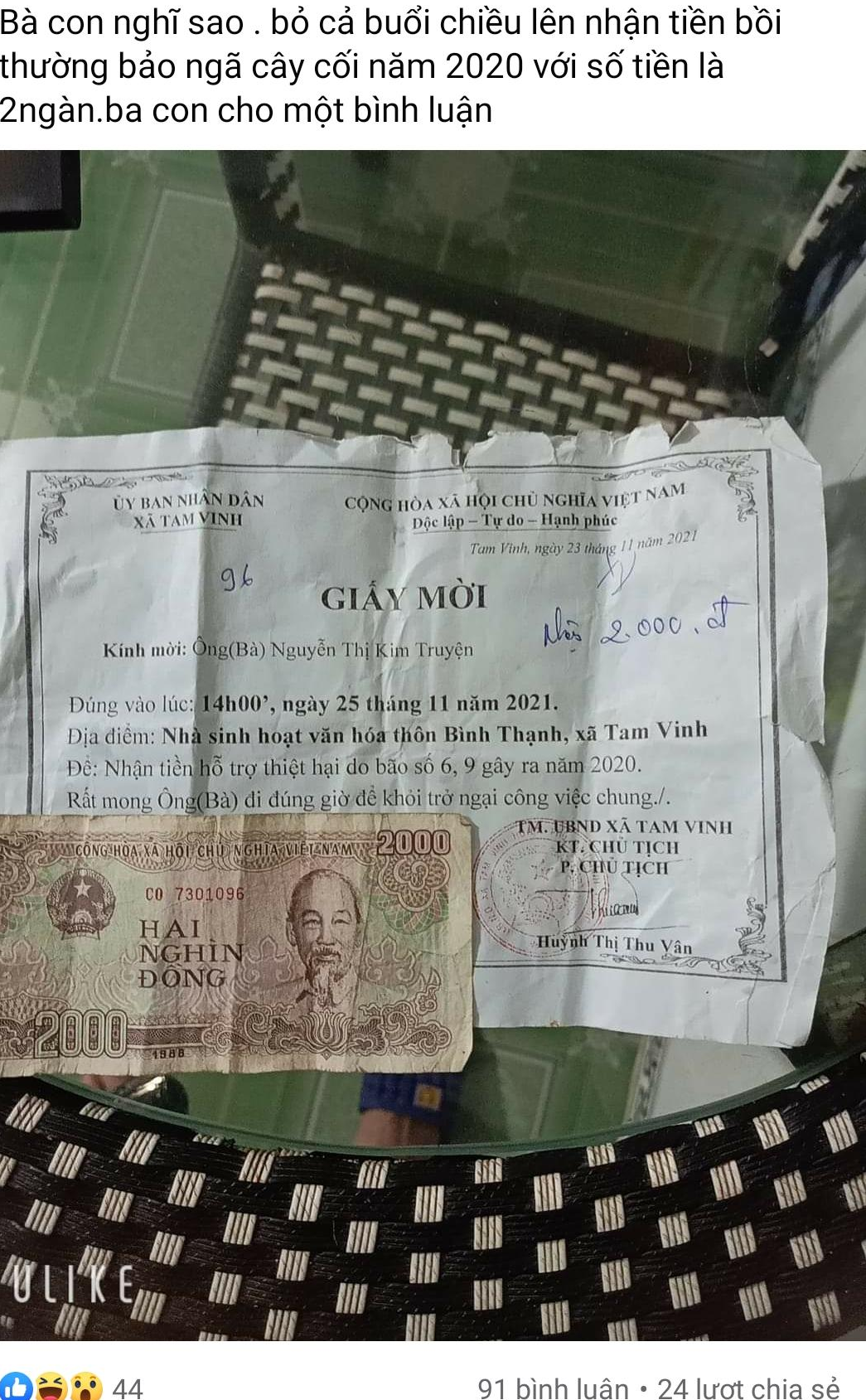 Tài khoản N. T đăng tải thông tin trên Facebook về việc nhận hỗ trợ chỉ 2 nghìn đồng khiến dư luận xôn xao.