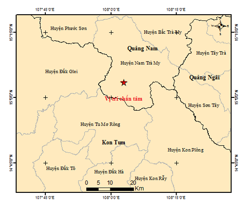 Bản đồ chấn tâm động đất. Ảnh Viện VLĐC