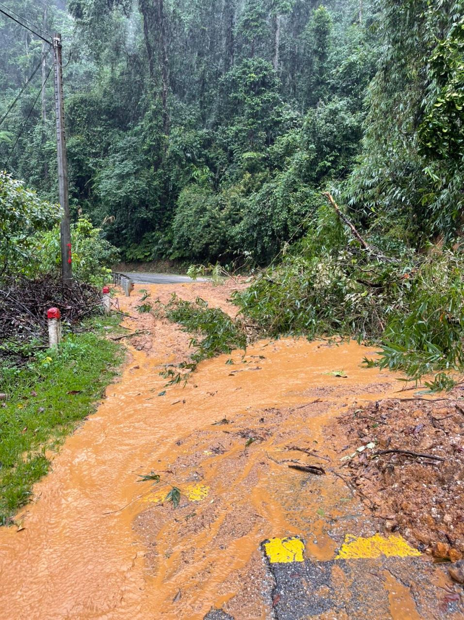 Quốc lộ 40B đoạn qua xã Trà Giác sạt lở khiến cây cối đổ ngã, đất tràn xuống đường Quốc lộ 40B đoạn qua xã Trà Giác sạt lở khiến cây cối đổ ngã, đất tràn xuống đường