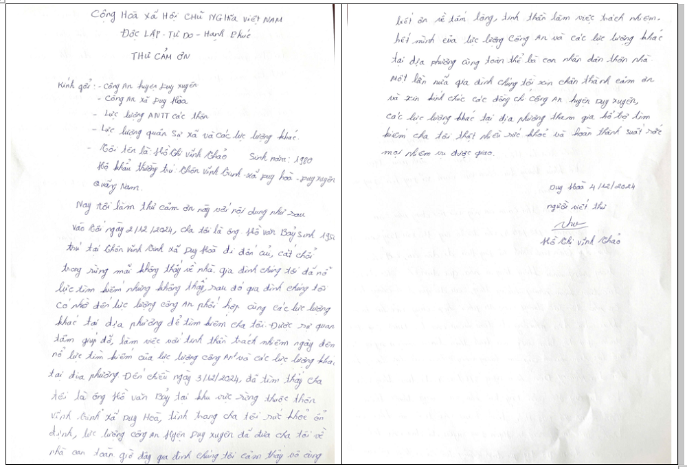 Lá thư cảm ơn của chị Thảo gửi cám ơn công an vì giúp tìm thấy người cha đi lạc trong rừng. Ảnh CA