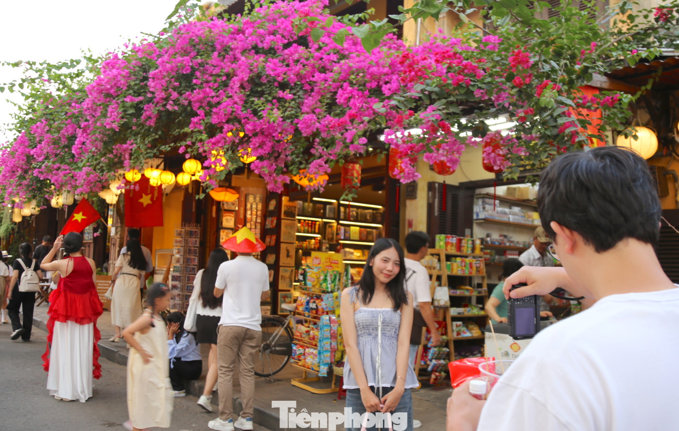 Bạn trẻ thích thú check in bên những giàn hoa giấy trên tuyến phố cổ Hội An. Ảnh: Hoài Văn Bạn trẻ thích thú check in bên những giàn hoa giấy trên tuyến phố cổ Hội An. Ảnh: Hoài Văn