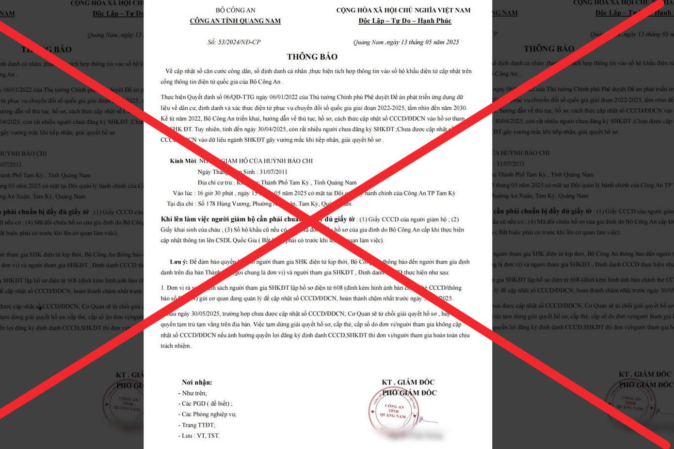 Công an cảnh báo việc lan truyền văn bản giả mạo Công an tỉnh Quảng Nam để lừa đảo. Ảnh CA