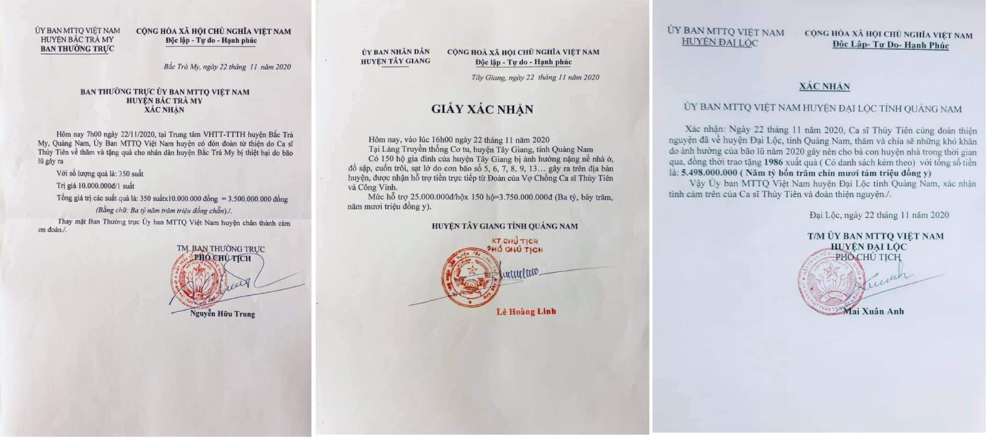 Giấy xác nhận của các huyện Đại Lộc, Tây Giang, Bắc Trà My (Quảng Nam) về việc Thủy Tiên trao tiền hỗ trợ người dân tại địa phương.