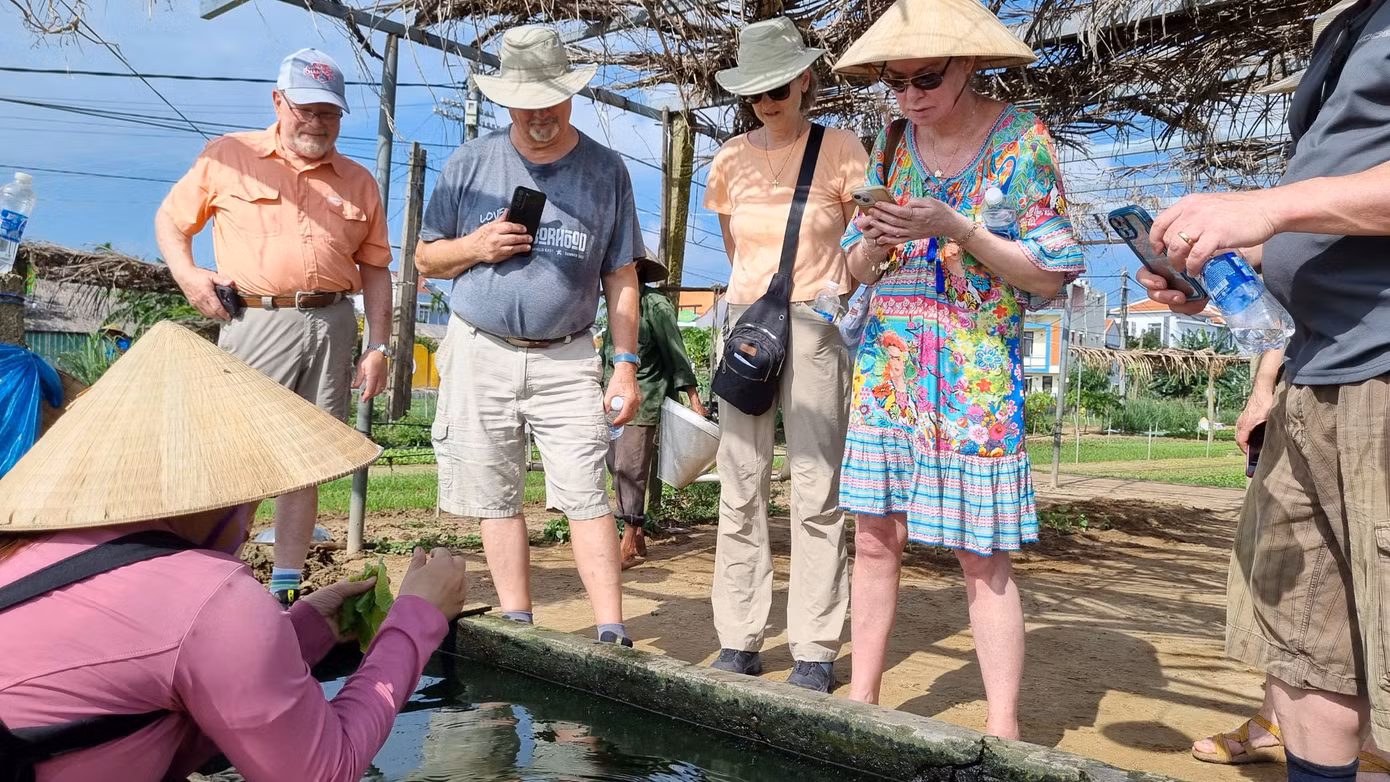 Những bể chứa nước phục vụ du khách tưới rau được nuôi thêm cá cảnh giúp nước luôn trong, sạch.