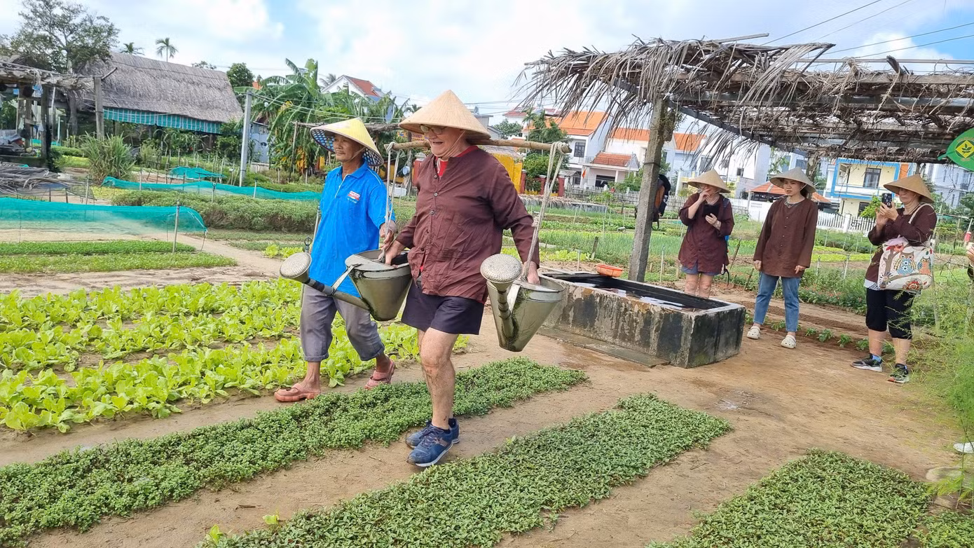 Thích thú trải nghiệm cùng nông dân gánh nước, trồng rau.