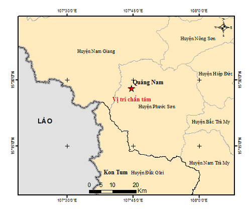 Bản đồ chấn tâm động đất. Ảnh Viện VLĐC