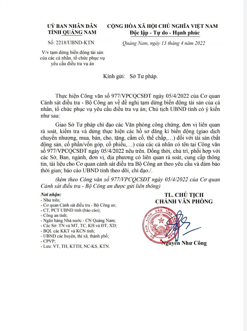 Văn bản của UBND tỉnh Quảng Nam về tạm dừng biến động tài sản của cá nhân, tổ chức phục vụ điều tra vụ án