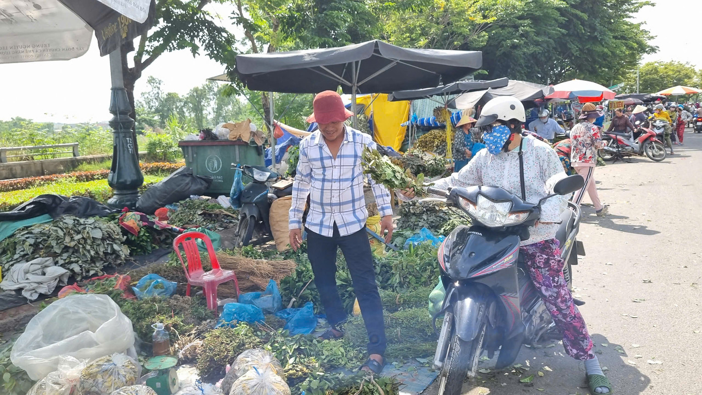 Người dân háo hức tới chợ mua "lá mùng 5". Các loại lá đều là vị thuốc nam chữa được nhiều bệnh như giải cảm, đau bụng, mát gan, trị ngứa, rôm…