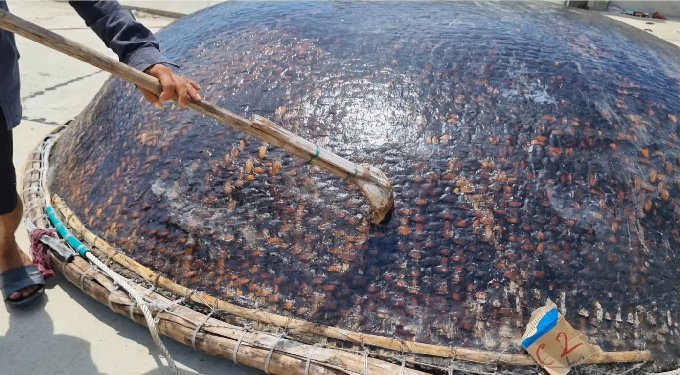 Chiếc chổi được làm từ thân tre và vỏ dừa dùng để quét dầu lên thúng. Chiếc chổi được làm từ thân tre và vỏ dừa dùng để quét dầu lên thúng.