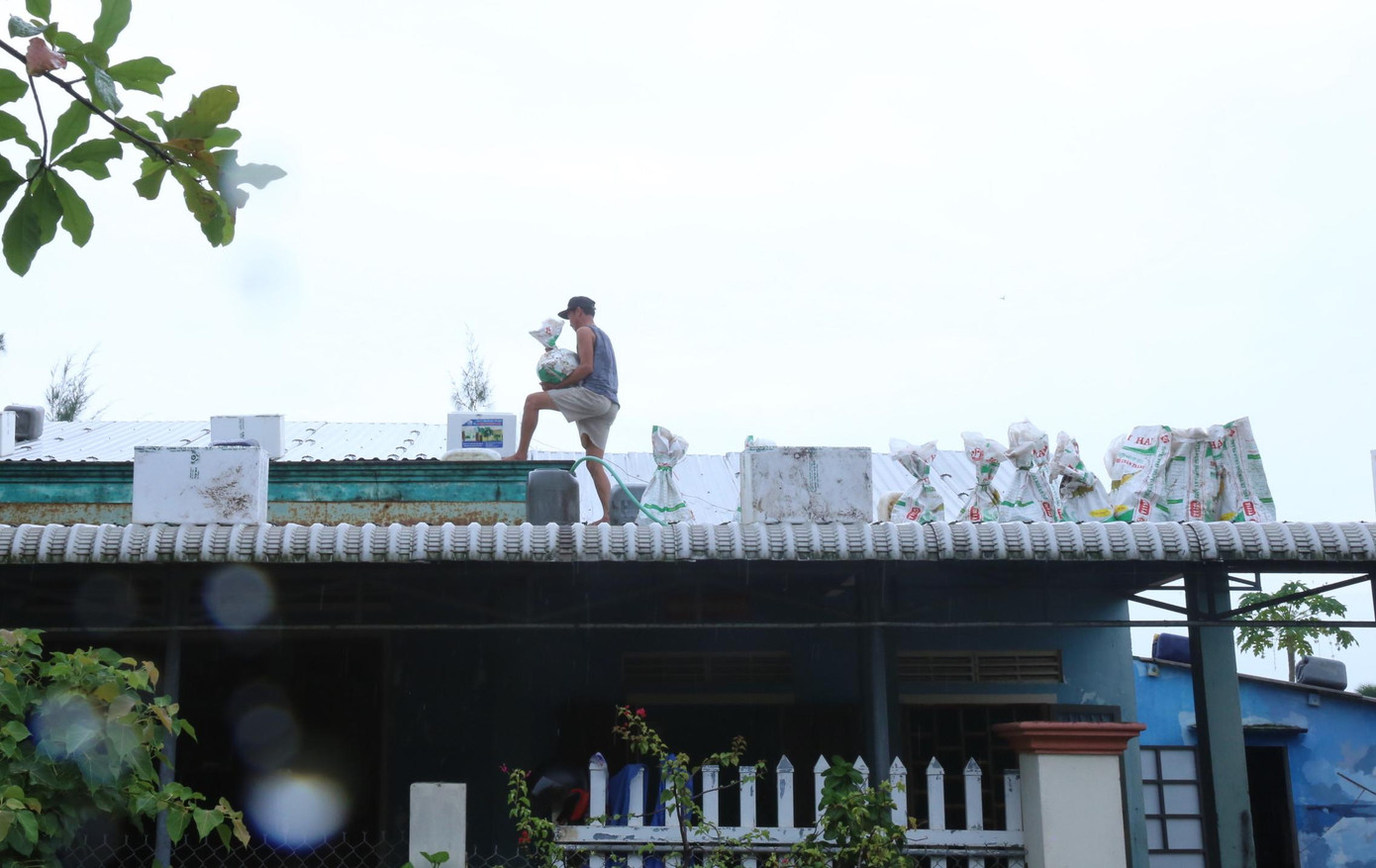 Người dân gấp rút chằng chống lại mái tôn trước khi bão vào đất liền.