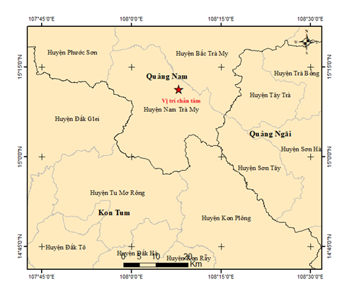 Bản đồ chấn tâm động đất. Ảnh Viện VLĐC