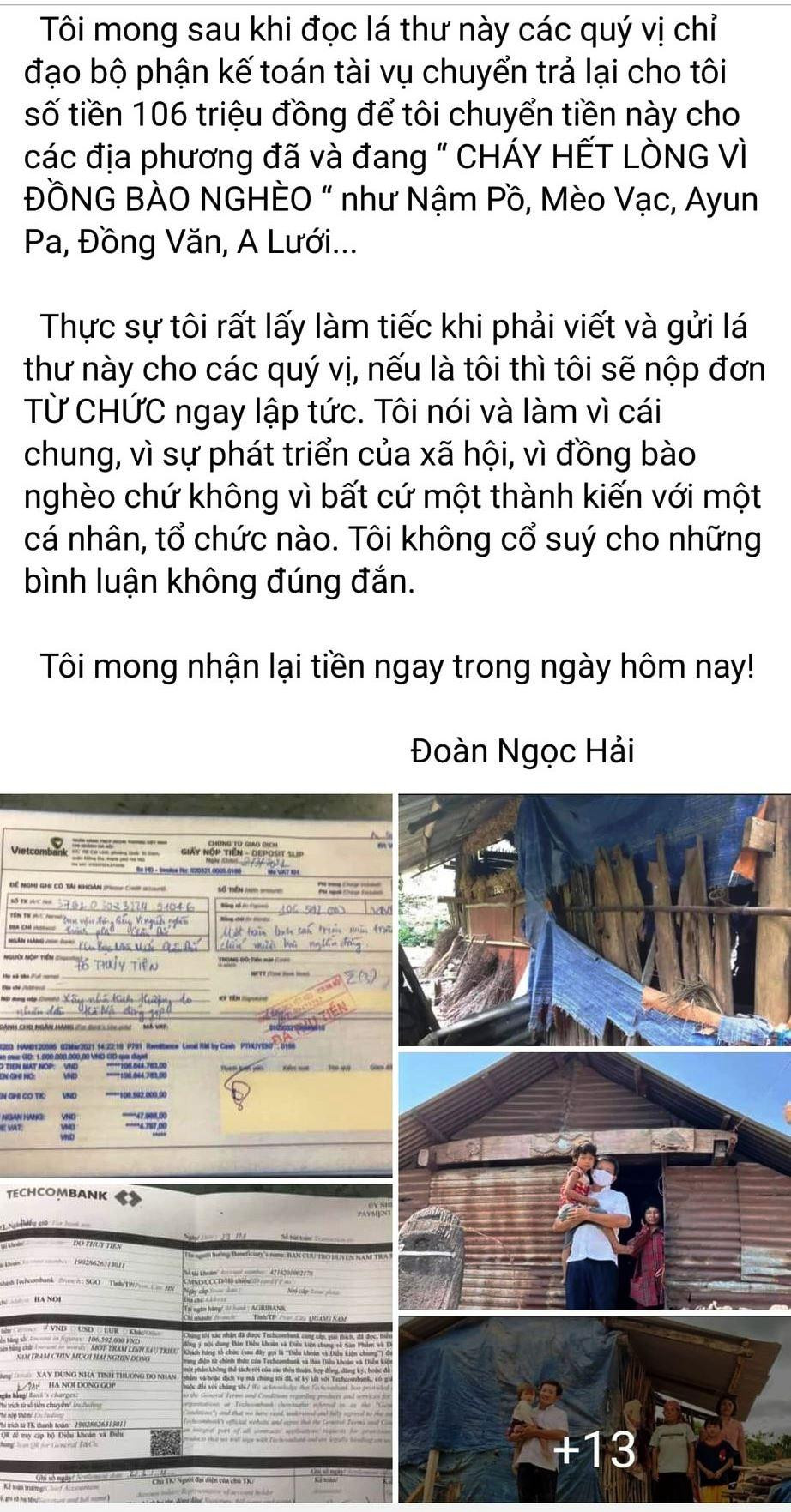 Bức thư ông Đoàn Ngọc Hải đòi lại 106 triệu đồng tiền hỗ trợ, đăng trên facebook cá nhân.