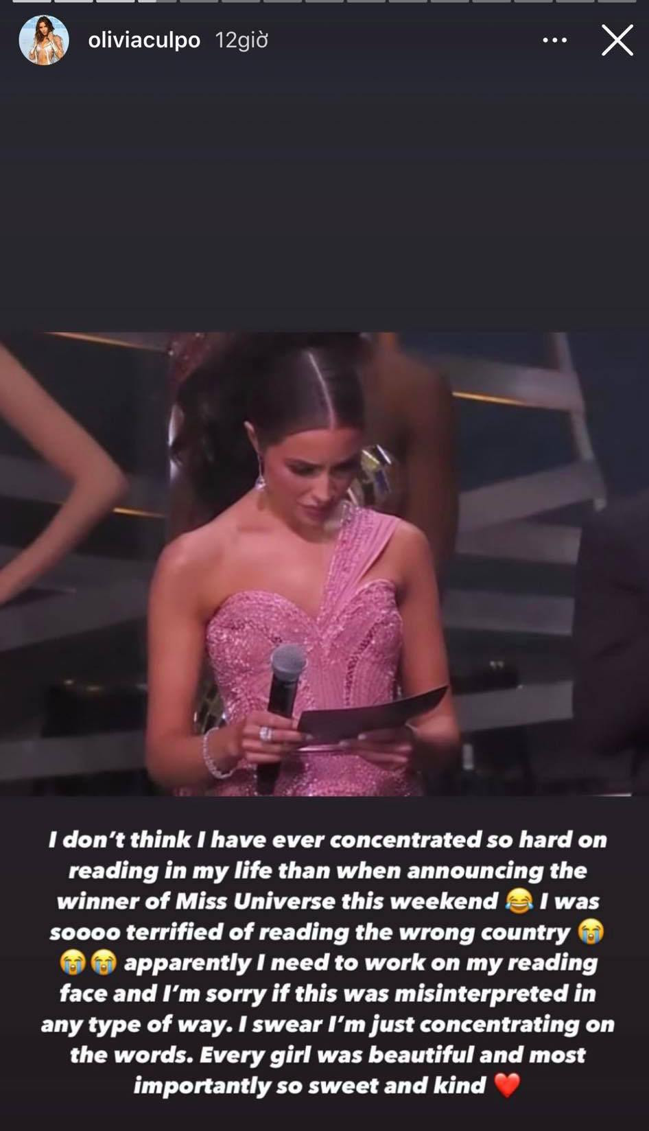 Olivia giải thích có biểu cảm &quot;khó hiểu&quot; khi đọc tên người chiến thắng là do tập trung cao độ, không phải có ý kiến về kết quả.