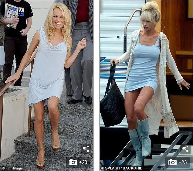 Trong phim, nàng &quot;Lọ Lem&quot; vào vai Pamela Anderson. Trên phim trường, Lily mặc váy ba lô xanh bó sát người, đi boot cao cổ, khoác thêm áo cardigan. Mái tóc nhuộm vàng búi cao. Cô trông rất &quot;ăn chơi&quot; và nóng bỏng trong tạo hình mới.