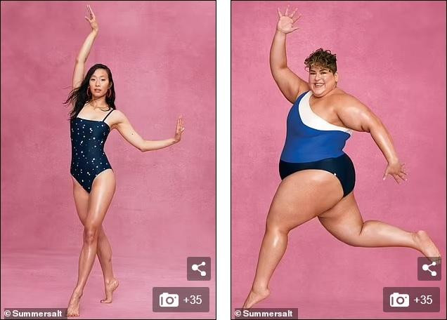 Nữ diễn viên kiêm Youtuber Anna Akana (trái) mặc một mảnh lốm đốm màu hải quân, trong khi vận động viên Meg Boggs thả dáng trong bộ áo tắm lệch vai.