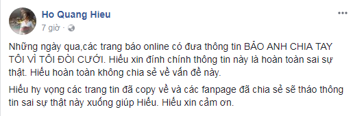 Hồ Quang Hiếu lên tiếng về những thông tin không chính xác liên quan đến Bảo Anh ảnh 1