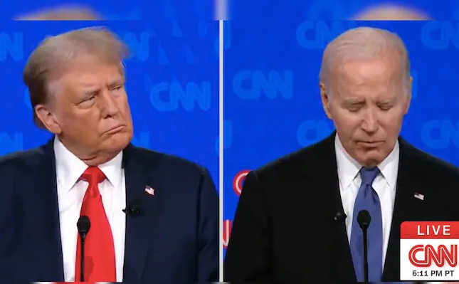 Tổng thống Mỹ Joe Biden và đối thủ Donald Trump trong cuộc tranh luận trực tiếp trên truyền hình CNN ngày 27/6. Tổng thống Mỹ Joe Biden và đối thủ Donald Trump trong cuộc tranh luận trực tiếp trên truyền hình CNN ngày 27/6.