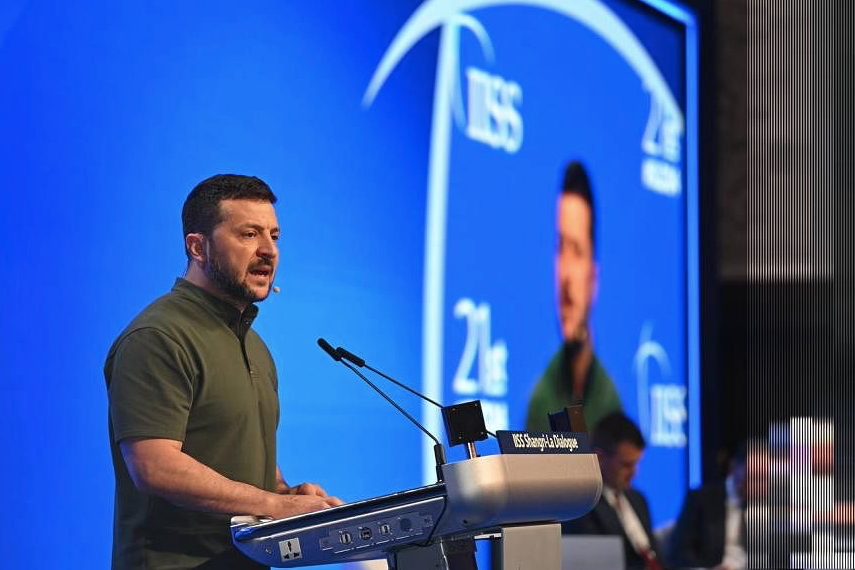 Tổng thống Ukraine Volodymir Zelensky phát biểu tại Đối thoại Shangri-La ngày 2/6. (Ảnh: ST)