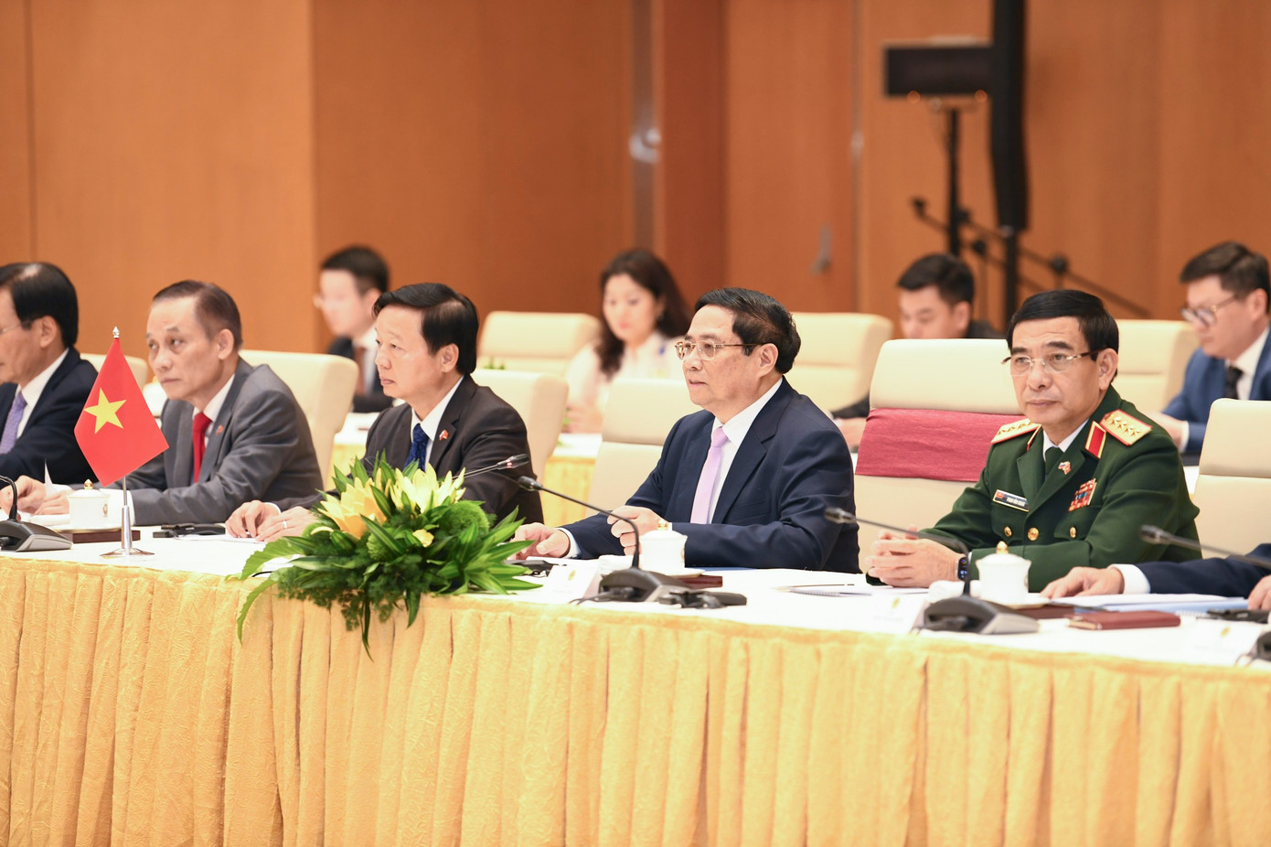 Thủ tướng Phạm Minh Chính và các quan chức cấp cao Việt Nam tại cuộc hội kiến. (Ảnh: Như Ý) Thủ tướng Phạm Minh Chính và các quan chức cấp cao Việt Nam tại cuộc hội kiến. (Ảnh: Như Ý)