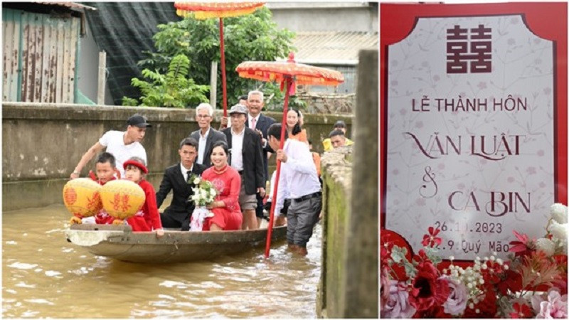 Do đã chuẩn bị từ trước, ngày cưới của đôi vợ chồng trẻ vẫn diễn ra theo kế hoạch bất chấp nước lụt bủa vây. Ảnh CTV Do đã chuẩn bị từ trước, ngày cưới của đôi vợ chồng trẻ vẫn diễn ra theo kế hoạch bất chấp nước lụt bủa vây. Ảnh CTV
