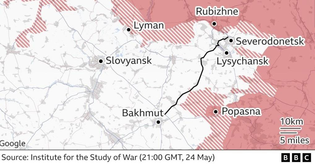 Nga đã giành quyền kiểm soát cả 2 thành phố "sinh đôi" là Lysychansk và Severodonetsk. Ảnh: BBC