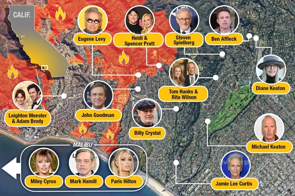 Nhiều ngôi sao phải sơ tán do cháy rừng, không ít trong số đó mất nhà. Ảnh: NY Post. Nhiều ngôi sao phải sơ tán do cháy rừng, không ít trong số đó mất nhà. Ảnh: NY Post.