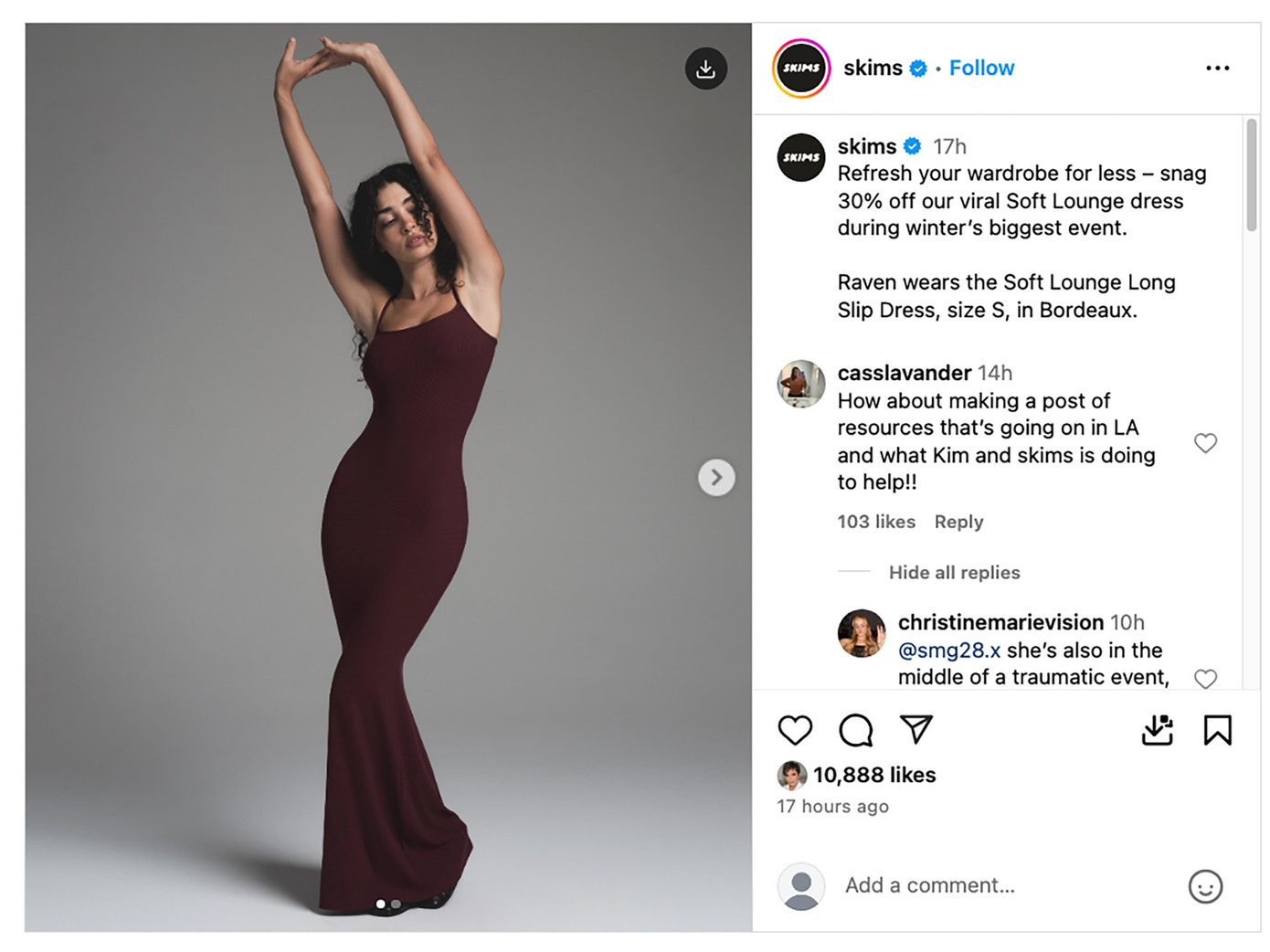 Skims bị chỉ trích vì đăng bài quảng cáo sản phẩm giữa lúc cháy rừng gây thiệt hại lớn cho Los Angeles. Ảnh: IG.