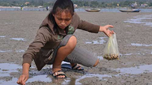 Nguyễn Triều Tiên bắt ốc kiếm tiền giúp gia đình đong gạo - Ảnh: CHÂU TƯỜNG