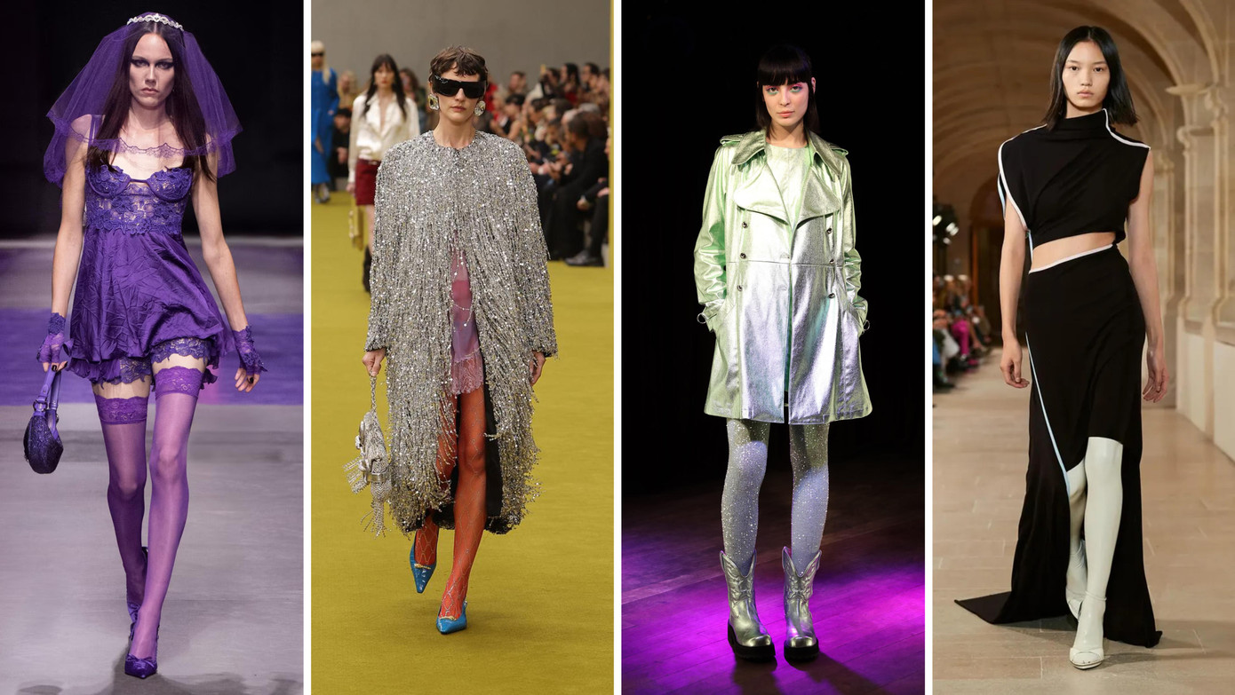 Những chiếc tất mỏng dính nhiều màu sắc khác nhau đến từ các thiết kế của Versace, Gucci, Anna Sui, Victoria Beckham.