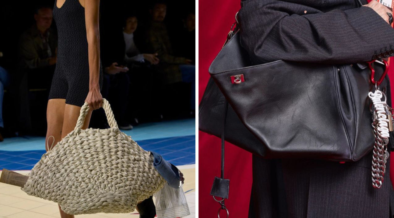 Túi da màu đen của Balenciaga được trang trí với những lá bùa và chìa khóa. Bottega Veneta với chiếc túi đan cỡ đại có thể đựng được một chiếc áo sơ mi, quần jeans và một tờ báo.