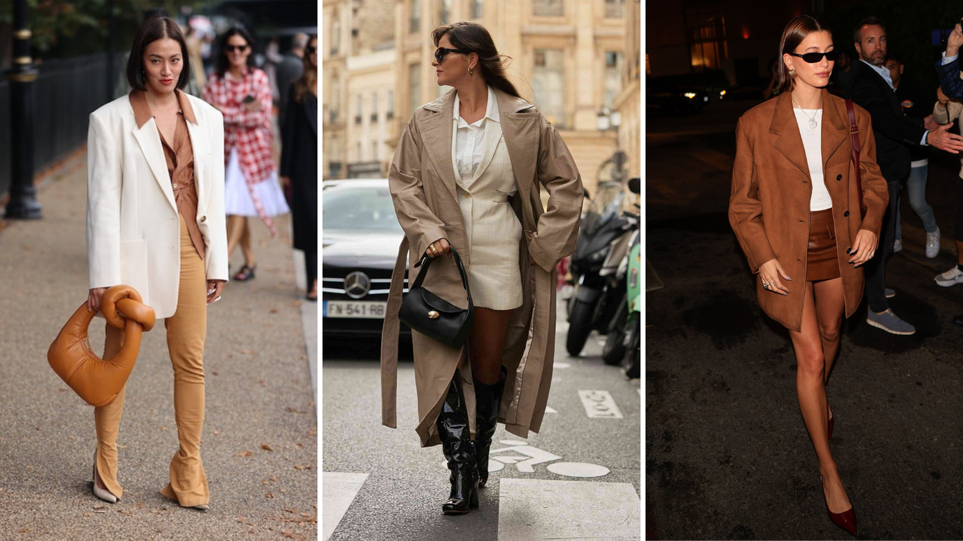 Một chiếc đầm len màu latte nhạt sẽ trở nên đặc sắc hơn khi được phối hợp với chiếc áo khoác dài, phom dáng cứng cáp và có màu nâu vàng.