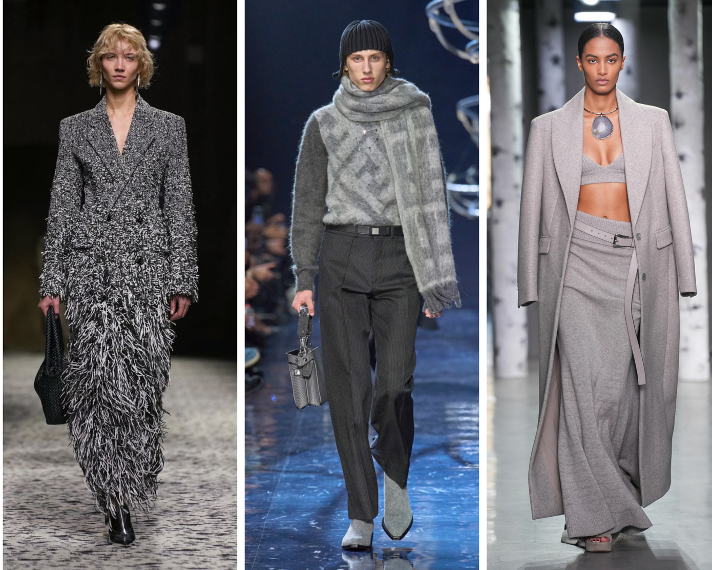 Màu xám có thể nghiêm túc và tối giản như ở Bottega, hoặc quyến rũ như Fendi hay Michael Kors. Màu xám có thể nghiêm túc và tối giản như ở Bottega, hoặc quyến rũ như Fendi hay Michael Kors.