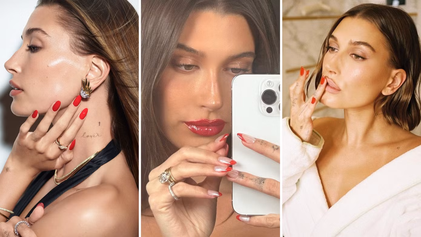 Bộ red nails quen thuộc cũng có thể trở thành xu hướng với kiểu sơn đầu móng, đơn giản nhưng độ thu hút đạt điểm tối đa.