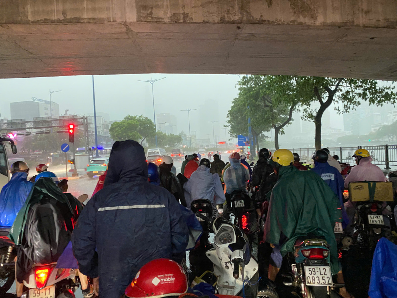 Trên đường Võ Văn Kiệt (quận 1, TPHCM), cơn mưa nặng hạt khiến người dân di chuyển vất vả.