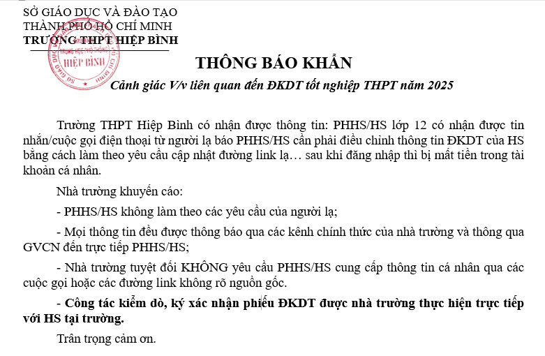Trường THPT Hiệp Bình (TP Thủ Đức) phát thông báo khẩn đến phụ huynh về chiêu thức lừa đảo tinh vi. Trường THPT Hiệp Bình (TP Thủ Đức) phát thông báo khẩn đến phụ huynh về chiêu thức lừa đảo tinh vi.