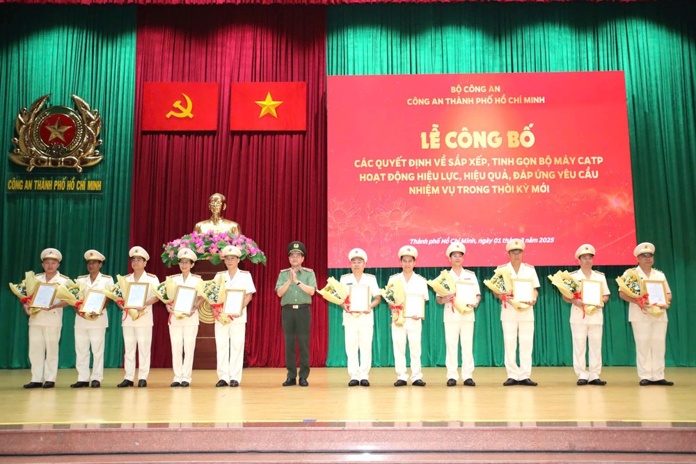 Trung tướng Lê Hồng Nam, Giám đốc Công an TPHCM trao các quyết định về công tác cán bộ cho các đồng chí được điều động, bổ nhiệm. Ảnh: Công an TPHCM. Trung tướng Lê Hồng Nam, Giám đốc Công an TPHCM trao các quyết định về công tác cán bộ cho các đồng chí được điều động, bổ nhiệm. Ảnh: Công an TPHCM.