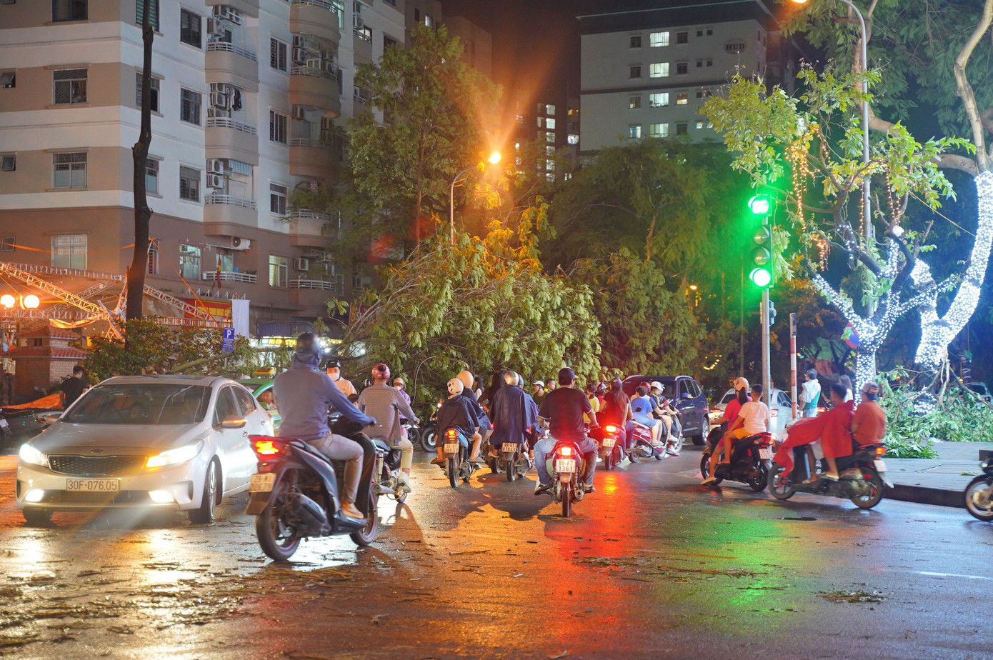 Cây xanh đổ ra đường khiến giao thông đoạn đường này bị tê liệt, các phương tiện khó khăn trong việc di chuyển.