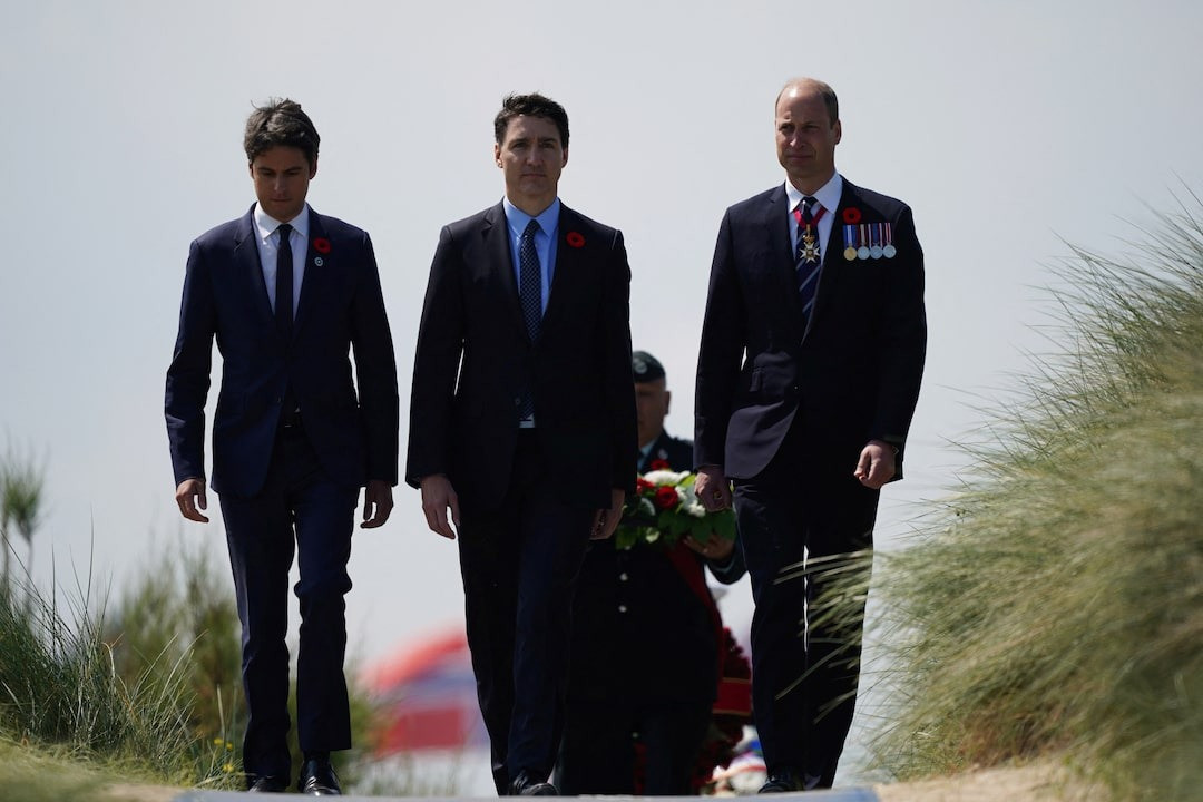 Từ trái sang: Thủ tướng Pháp Gabriel Attal, Thủ tướng Canada Justin Trudeau, Hoàng tử Anh William. Ảnh: Reuters Từ trái sang: Thủ tướng Pháp Gabriel Attal, Thủ tướng Canada Justin Trudeau, Hoàng tử Anh William. Ảnh: Reuters