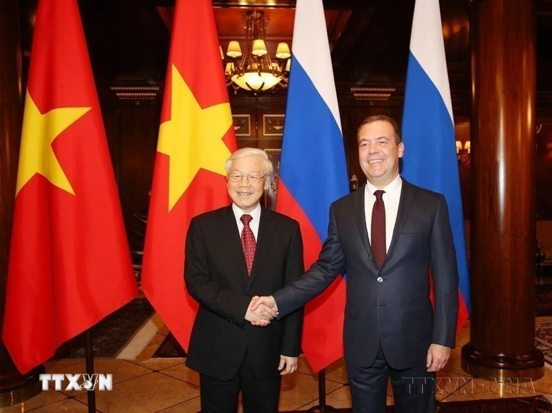 Tổng Bí thư Nguyễn Phú Trọng hội kiến Thủ tướng Dmitry Medvedev (Mátxcơva, 2018). (Ảnh: Trí Dũng/TTXVN)