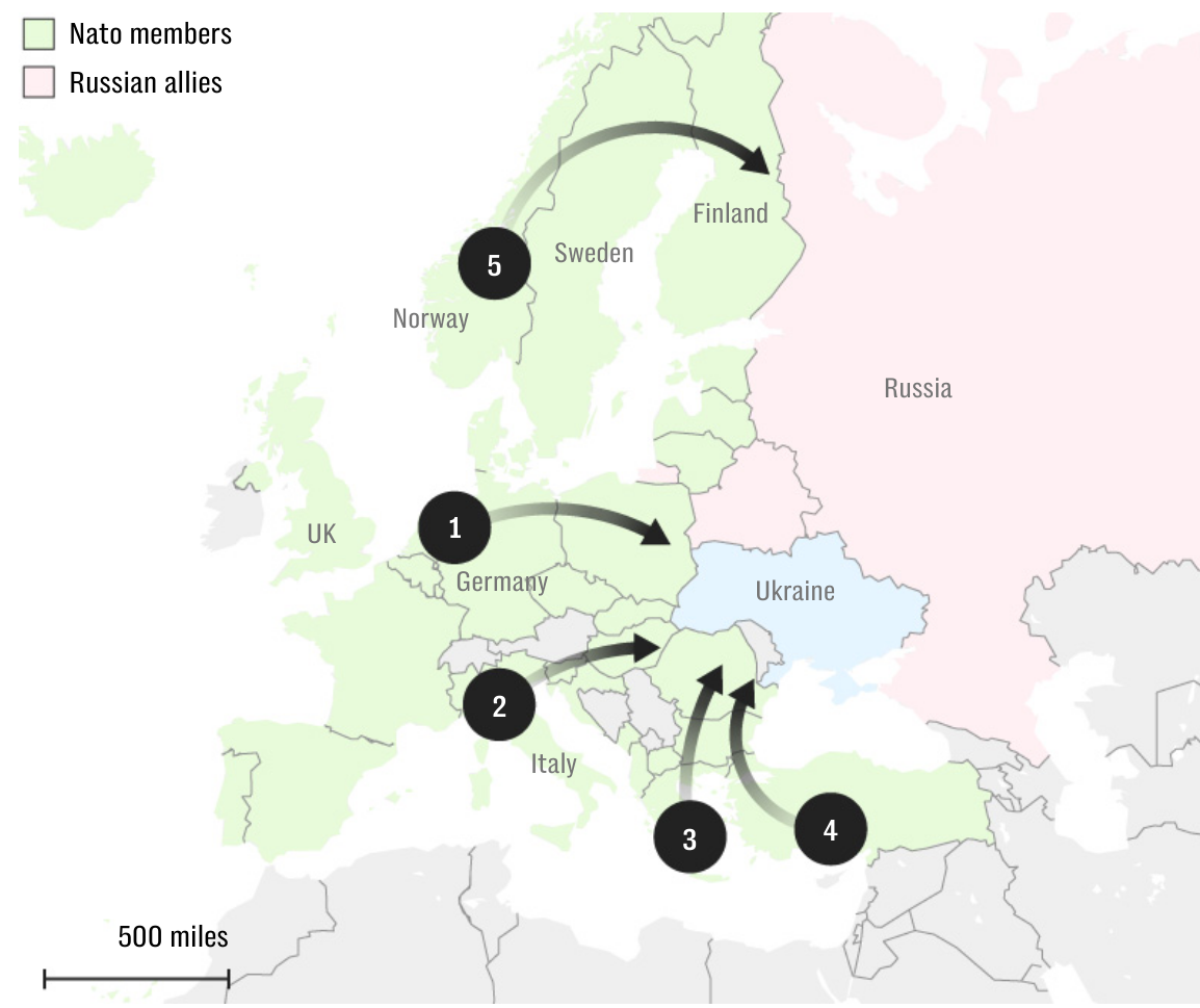 Các tuyến đường đưa lực lượng Mỹ ra tiền tuyến trong trường hợp xung đột với Nga: 1. Hà Lan - Đức - Ba Lan; 2. Ý - Slovenia - Croatia - Hungary; 3. Hy Lạp - Bulgaria - Romania; 4. Thổ Nhĩ Kỳ - Bulgaria - Romania; 5. Na Uy - Thuỵ Điển - Phần Lan