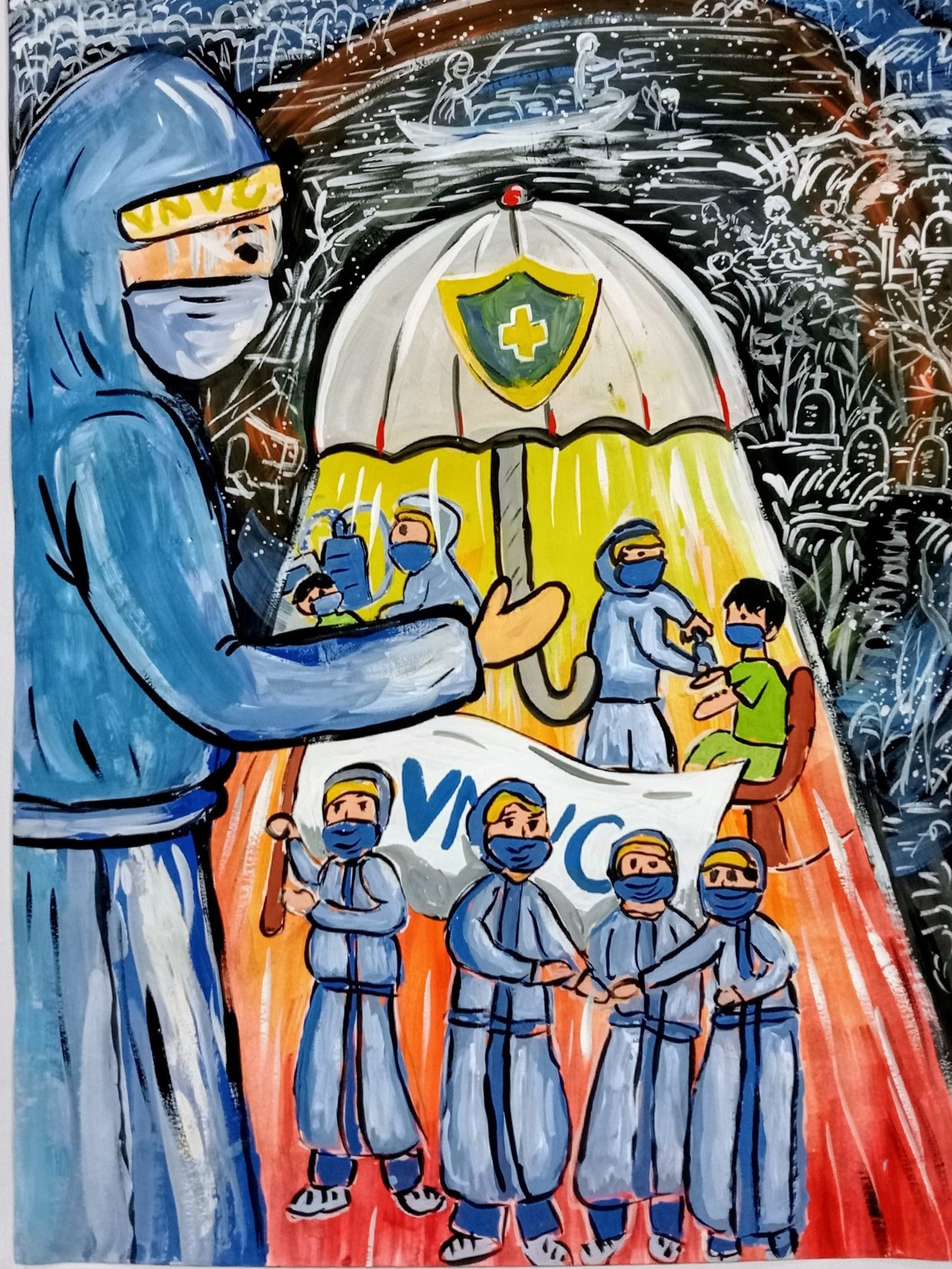 Bức tranh thể hiện tấm khiên chắn vắc xin bảo vệ bình yên cho trẻ em và người lớn của em Từ Vĩ Phát (8 tuổi, sống ở Đồng Tháp) đạt giải bạc bảng dành cho cộng đồng. Bức tranh thể hiện tấm khiên chắn vắc xin bảo vệ bình yên cho trẻ em và người lớn của em Từ Vĩ Phát (8 tuổi, sống ở Đồng Tháp) đạt giải bạc bảng dành cho cộng đồng.