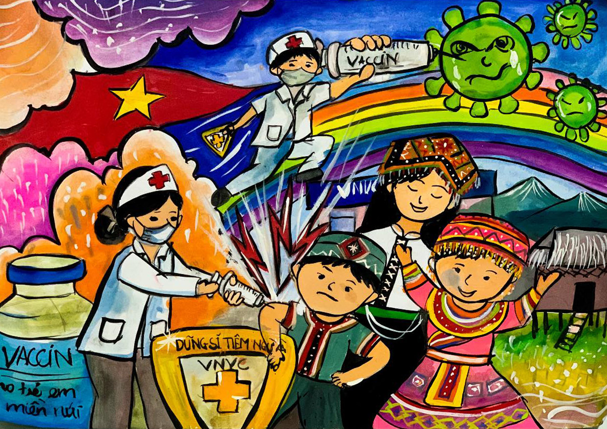 Bức tranh của Bảo Trân gửi gắm thông điệp mong các điểm tiêm chủng vaccine đến gần hơn với bản làng. Bức tranh của Bảo Trân gửi gắm thông điệp mong các điểm tiêm chủng vaccine đến gần hơn với bản làng.