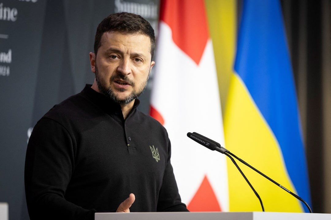 Tổng thống Ukraine Volodymyr Zelensky phát biểu hôm 15/6 tại hội nghị. Ảnh: Reuters