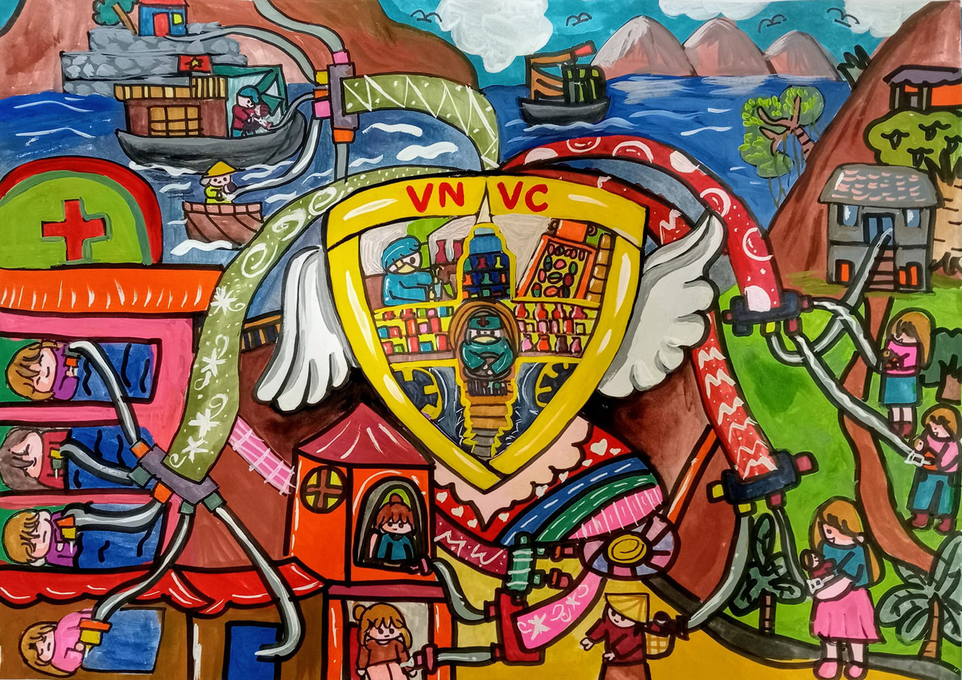 Tranh vẽ của Từ Ái Như vẽ cỗ máy bào chế vắc xin hiện đại đưa vắc xin đi muôn nơi. Tranh vẽ của Từ Ái Như vẽ cỗ máy bào chế vắc xin hiện đại đưa vắc xin đi muôn nơi.