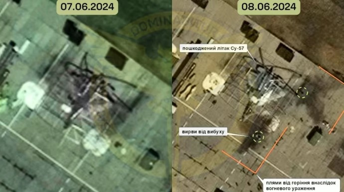 Hình ảnh vệ tinh ngày 7/6 cho thấy chiếc Su-57 ở Akhtubinsk còn nguyên vẹn, trong khi hình ảnh ngày 8/6 cho thấy một số hố đen và vết cháy sém. Hình ảnh vệ tinh ngày 7/6 cho thấy chiếc Su-57 ở Akhtubinsk còn nguyên vẹn, trong khi hình ảnh ngày 8/6 cho thấy một số hố đen và vết cháy sém.